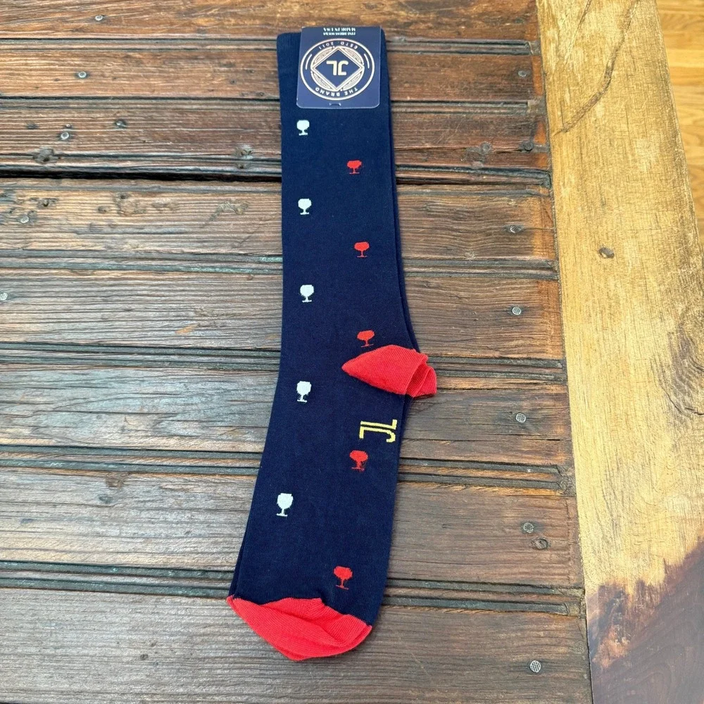 Trump Winery JL The Brand Navy Blue Pima Cotton Dress Socks Wine Glass Pattern